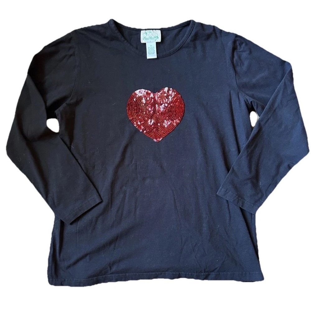 Vintage Long Sleeve Black T Shirt with Sequined Heart